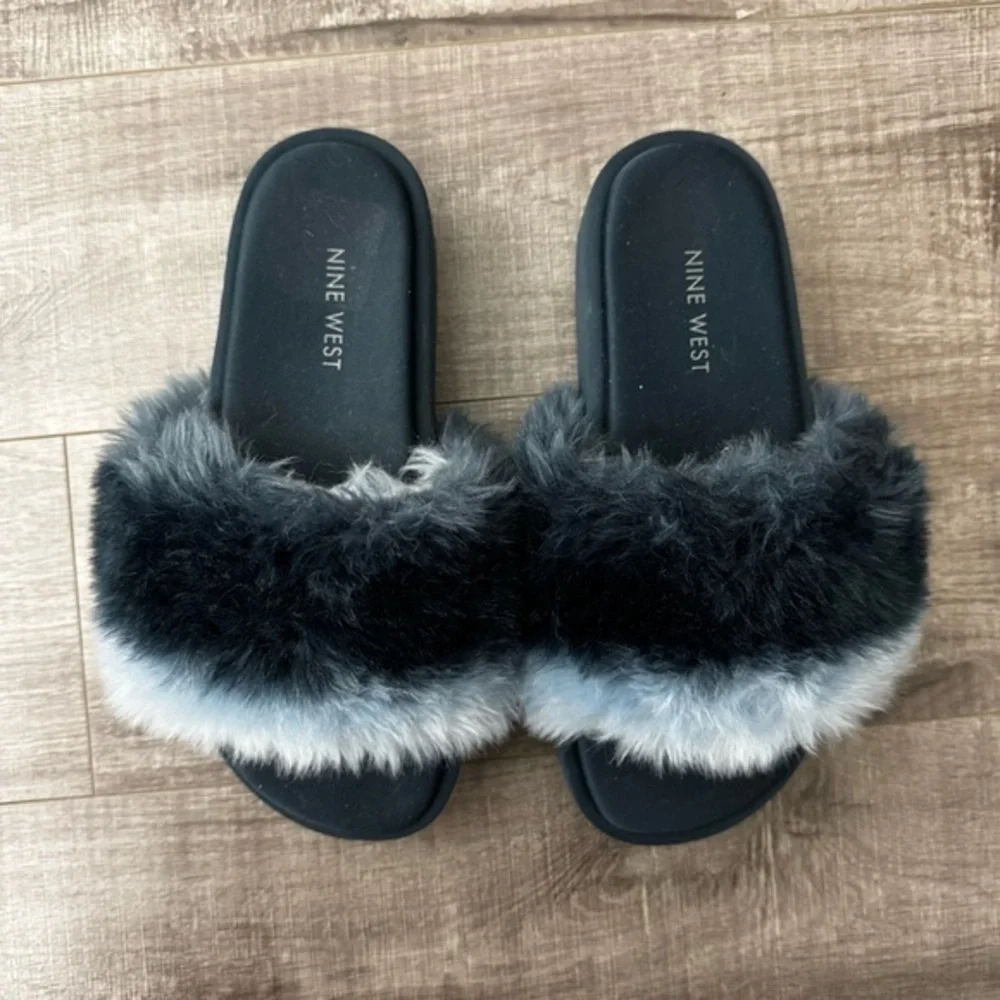 Nine West Blue Faux Fur Stripe Platform Slide Sandals Size 7